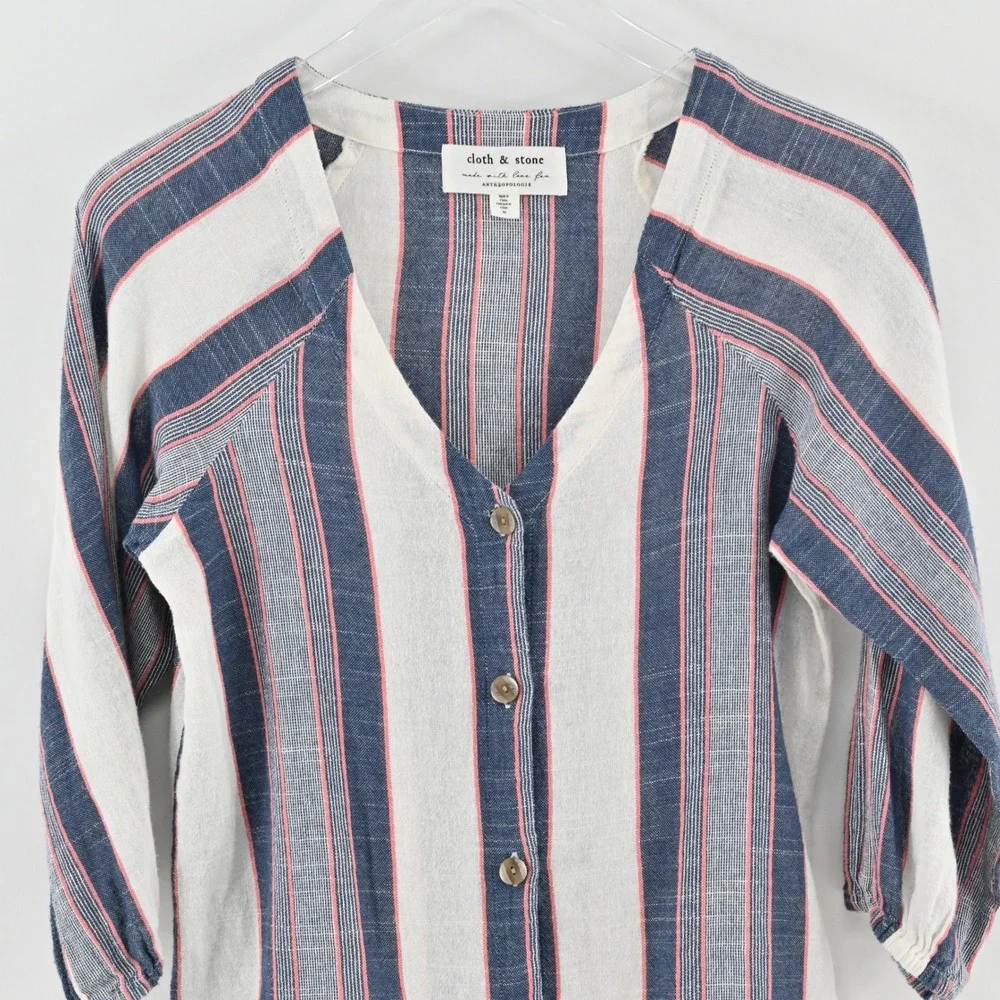 Cloth & Stone Anthropologie Striped Button Front Top Womens Size‎ XS Cotton Blue